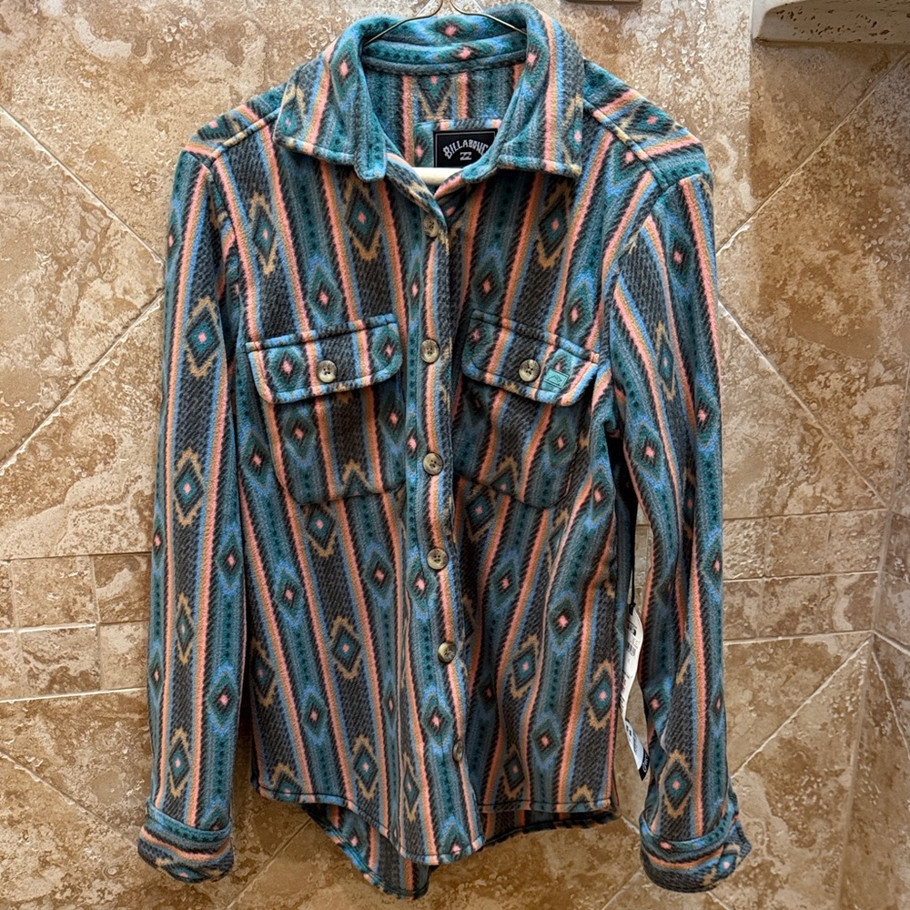 Billabong Teal and Coral Striped Button-Up Shirt